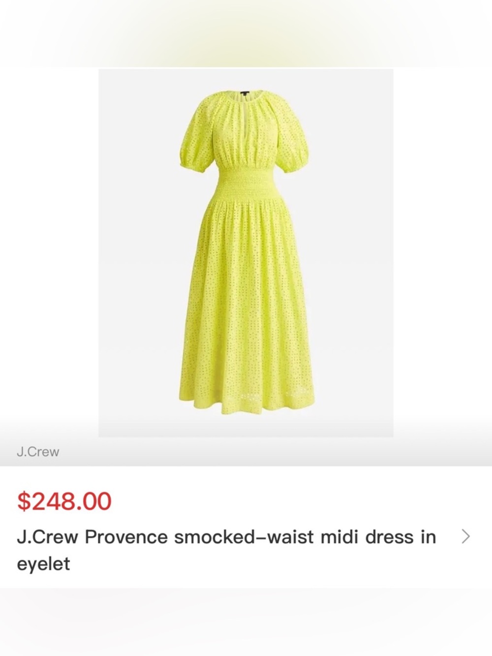 J.Crew Provence Smocked-Waist Eyelet Midi Dress w/ pockets in lemon sorbet. NWT - Picture 2 of 10